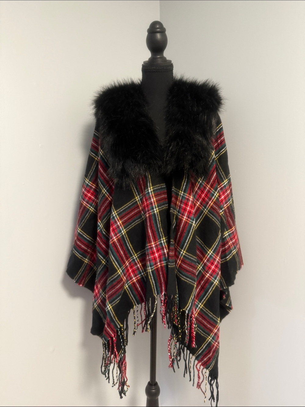 J. Crew Black Plaid Faux-Fur Collar Poncho